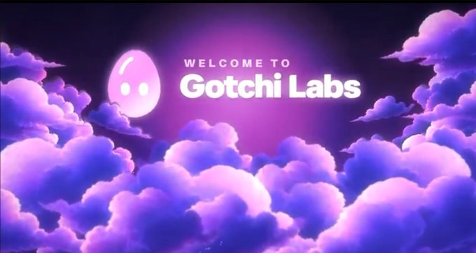 A graphic reading 'WELCOME TO Gotchi Labs' featuring a pink ghost-like character above purple clouds.