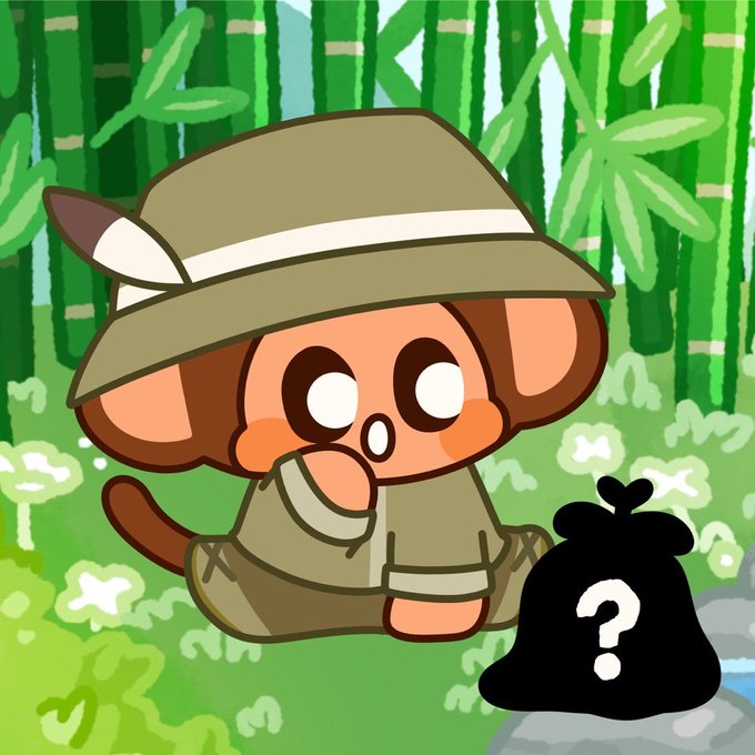 A cartoon illustration of a cute character wearing a safari hat and outfit, standing in a bamboo forest next to a black mystery bag with a white question mark.