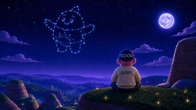 An animated scene shows a teddy bear wearing a sweatshirt with 'ARMY' on the back and a cap reading 'COOL', sitting on a grassy cliff looking up at a constellation shaped like a smiling bear in the night sky, with a full moon to the right.