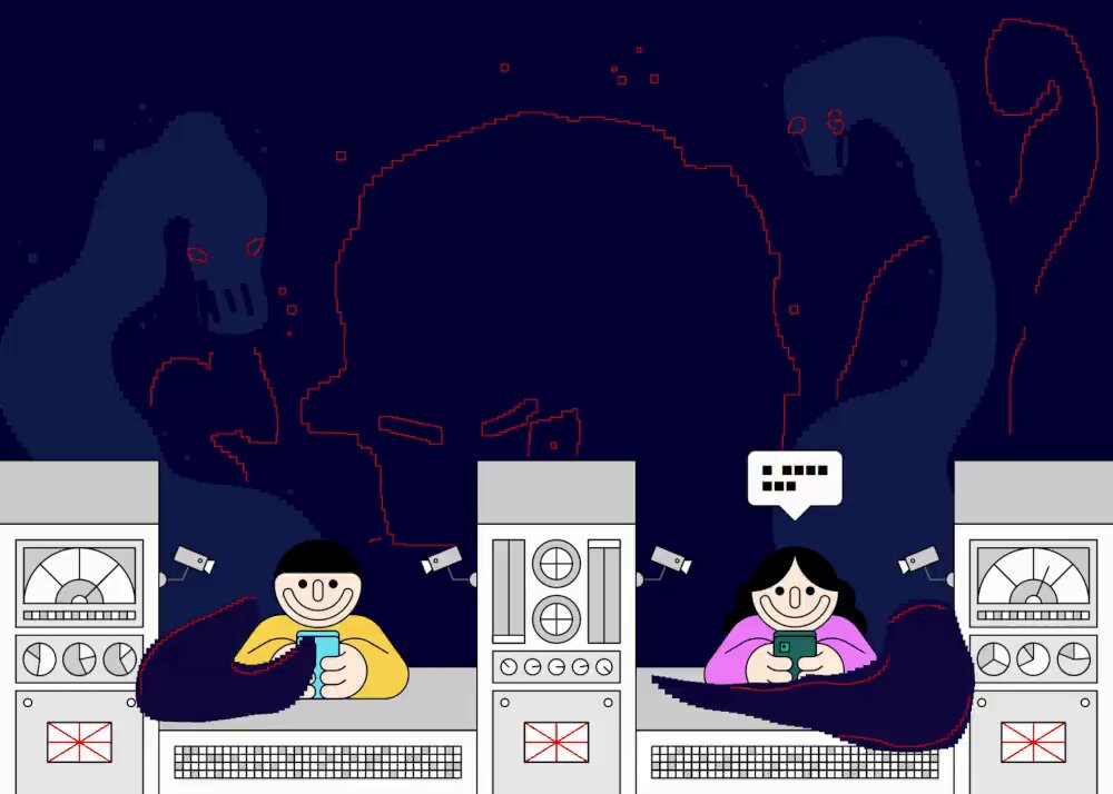 The image features two cartoon characters, one male and one female, sitting at a desk using their cell phones. The male character has his phone open while the female character also has her phone out. They are both smiling as they engage with their devices. In the background, there is a large skull-like creature that appears to be emitting smoke or fog. The text in the image reads "GM MISSION CREEP Super happy to own my first @XCOPYART and even more pleased it's a collab with @lewis_osb Big fan of these two".
