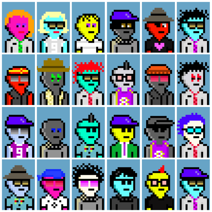 The image features a grid of 16 different cartoon-style portraits, each depicting a person wearing sunglasses and hats with various colors such as pink, blue, green, orange, purple, black, white, and gray. The portraits are arranged in four rows of four, creating a visually appealing pattern across the image. The post is about an upcoming Ethereum Minting event that will take place soon via @OpenSea drop Drop your wallet address.