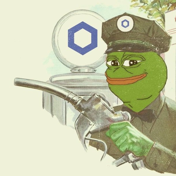 A meme-style illustration of the Pepe the Frog character dressed as a gas station attendant holding a fuel nozzle next to a Liquity/Chainlink hexagonal logo.