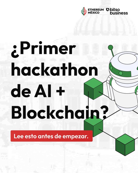 The image features a poster for an event called "Primer hackathon de AI + Blockchain?". The poster includes a cartoon depiction of a robot, green cubes, and text that reads "Leer esto antes de empezar. Lee esto antes de empezar. Leer esto antes de empezar." This suggests that the event is open to everyone who wants to learn about AI and Blockchain technology. The poster also includes a question: "5 consejos para que tu experiencia en el Hackathon AI + Blockchain sea la mejor?".