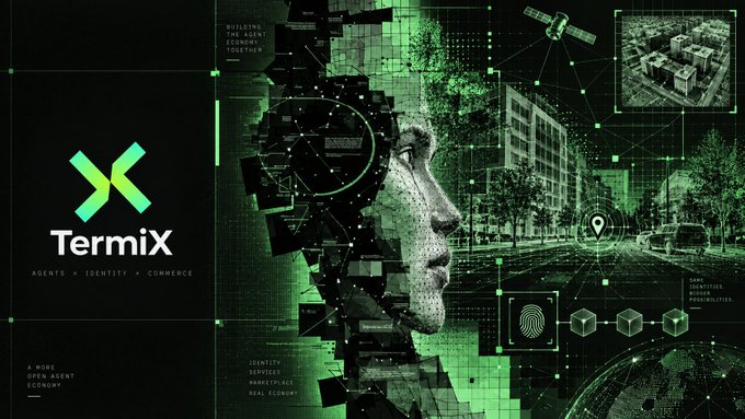 A promotional graphic for 'TermiX' featuring the tagline 'AGENTS × IDENTITY × COMMERCE' and 'BUILDING THE AGENT ECONOMY TOGETHER', with an abstract digital face and city imagery in green.