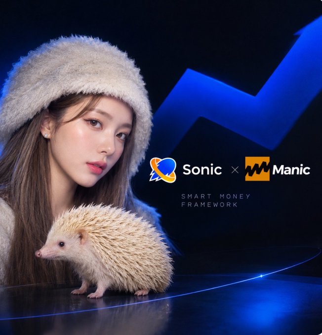 A young woman in a fuzzy white hat poses with a hedgehog beside a promotional graphic reading "Sonic × Manic — SMART MONEY FRAMEWORK," visually pairing the cuddly critter's name with the crypto collaboration. The image's "going upstream" hedgehog mirrors the post's claim that SonicSVM skipped the trading-entry race and instead climbed higher to tackle deeper framework-level challenges in the prediction-market space.