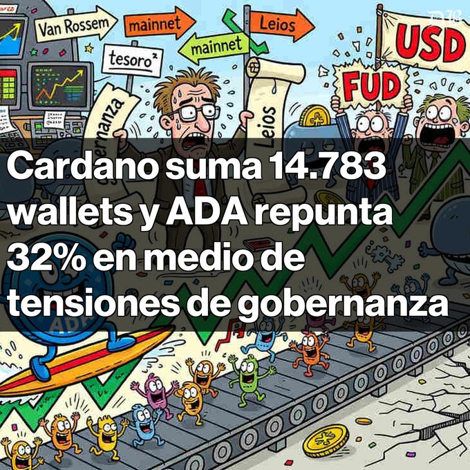 A cartoon showing financial chaos with text 'Cardano suma 14.783 wallets y ADA repunta 32% en medio de tensiones de gobernanza', featuring signs like 'Van Rossem', 'mainnet', 'Leios', and 'USD FUD' alongside panicked characters.
