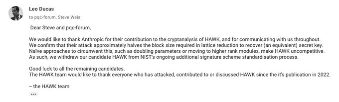 Screenshot of a public message from 'Leo Ducas' to 'pgp-forum, Steve Weis' explaining the withdrawal of a HAWK cryptanalysis candidate from the NIST additional signature scheme standardization process.
