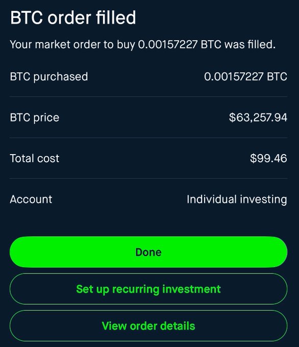 BTC order filled confirmation showing 0.00157227 BTC purchased at $63,257.94 for a total of $99.46.