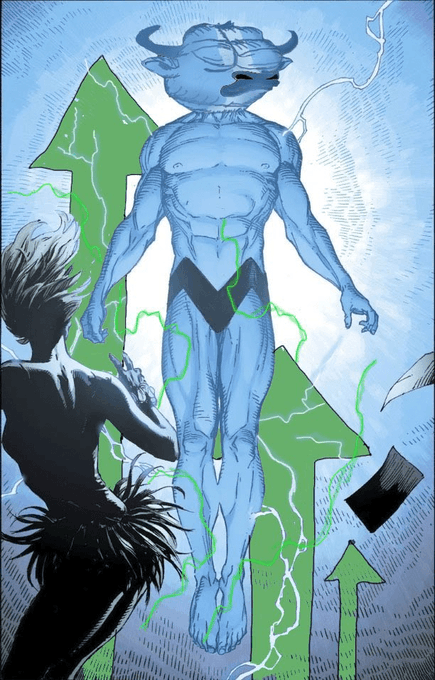 A muscular blue horned figure floats upward surrounded by crackling green electrical energy and giant green upward arrows, while a character wielding a scythe watches from below. The imagery suggests that even a bearish force (Saylor selling) is ironically fueling upward momentum, reinforcing the post's claim that his selling could ultimately be bullish.