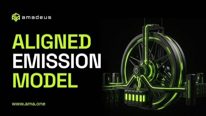 A promotional graphic for 'amadeus' featuring the text 'ALIGNED EMISSION MODEL' in bright green, alongside a 3D render of a futuristic machine with a large wheel and glowing green components, with the URL www.ama.one.