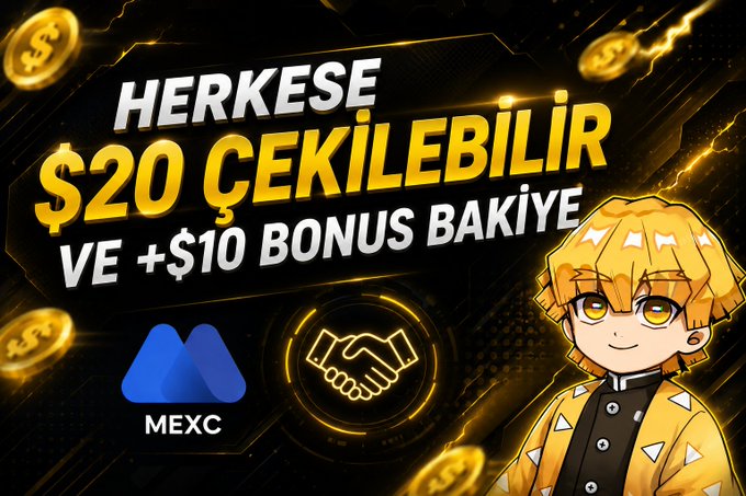 The image shows a cartoon man wearing a gold outfit, standing against a black background with yellow stars scattered around him. The main focus of the image is an overlay that says "Herkese $20 cekileribrar ve $10 bonus bakye", which appears to be promoting some sort of activity or offer.