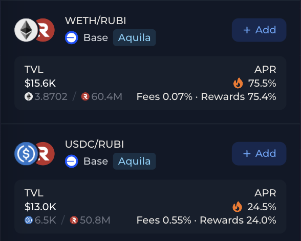 The image displays two liquidity pool listings on Base via Aquila: WETH/RUBI with a TVL of $15.6K and an APR of 75.5% (0.07% fees, 75.4% rewards), and USDC/RUBI with a TVL of $13.0K and an APR of 24.5% (0.55% fees, 24.0% rewards). This aligns with the post by showcasing how users can stake their LP positions on Base to earn RUBI rewards in addition to trading fees.