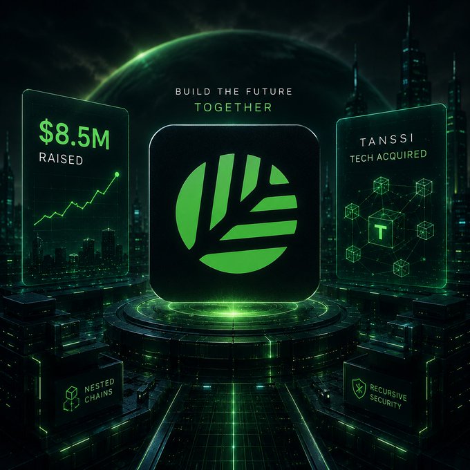 A futuristic green-tinted digital scene features a central glowing logo flanked by panels reading "$8.5M RAISED" and "TANSSI TECH ACQUIRED," with "BUILD THE FUTURE TOGETHER" displayed above and tags for "NESTED CHAINS" and "RECURSIVE SECURITY" below—directly visualizing the CNPY Network's financing and Tanssi acquisition highlighted in the post.