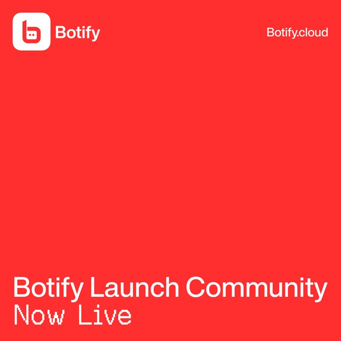 A red poster displays the Botify logo and 'Botify.cloud' with text announcing 'Botify Launch Community Now Live'.