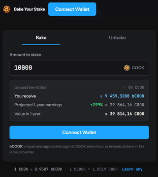 A 'Bake Your Stake' cryptocurrency interface showing a stake of 10,000 COOK with a deposit fee, 9,459.3288 bCOOK received, projected 1-year earnings of +297%, and a 'Connect Wallet' button.