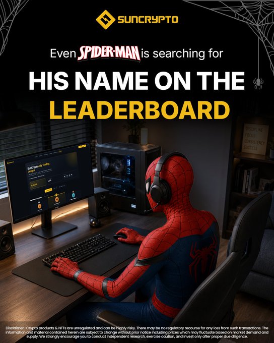 The image is a promotional ad for SunCrypto, featuring Spider-Man sitting at a gaming/computer setup wearing headphones and looking at a trading leaderboard on his monitor. The text reads "Even SPIDER-MAN is searching for HIS NAME ON THE LEADERBOARD" with the SunCrypto logo at the top, tying into the post about leaderboard FOMO by humorously suggesting even Spider-Man checks crypto trading rankings.