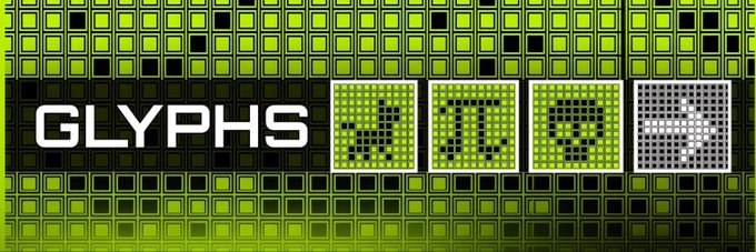 A promotional banner featuring the word "GLYPHS" in bold white text on a green pixelated grid background, accompanied by three pixel-art character sprites in green and white. The image advertises a giveaway for 8 guaranteed whitelist spots for the upcoming @GlyphsHood NFT mint, with entry requirements shown alongside.