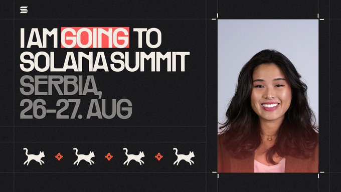 Promotional graphic reading 'I AM GOING TO SOLANA SUMMIT SERBIA, 26-27. AUG' alongside a photo of a smiling woman in a brown jacket.