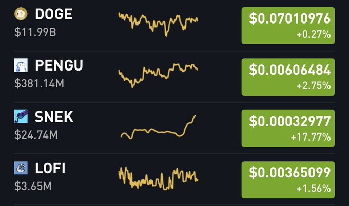A cryptocurrency price dashboard showing DOGE at $0.07010976 (+0.27%), PENGU at $0.00606484 (+2.75%), SNEK at $0.00032977 (+17.77%), and LOFI at $0.00365099 (+1.56%).