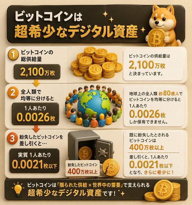 The image is a Japanese infographic titled "ビットコインは超希少なデジタル資産" (Bitcoin is an extremely scarce digital asset), featuring a Shiba Inu dog mascot and gold Bitcoin coins, which illustrates how Bitcoin's total supply is capped at 21 million coins, meaning each of the world's ~8 billion people can only own 0.0026 BTC, and even less (0.0021 BTC or below) when accounting for the 4+ million coins estimated to be lost—reinforcing the post's message about Bitcoin's fixed scarcity compared to traditional fiat currencies.