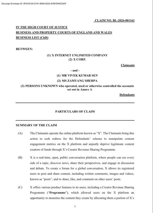 The image shows the first page of a legal filing in the High Court of Justice (Business and Property Courts of England and Wales), Claim No. BL-2026-001161, where X Internet Unlimited Company and X Corp. (Elon Musk's X platform) are suing defendants including Mr. Vivek Kumar Sen and Ms. Zamyang Sherpa over an alleged scheme to manipulate content engagement metrics and improperly claim creator revenue funds, corroborating the post's report about X's lawsuit against cryptocurrency-related accounts.