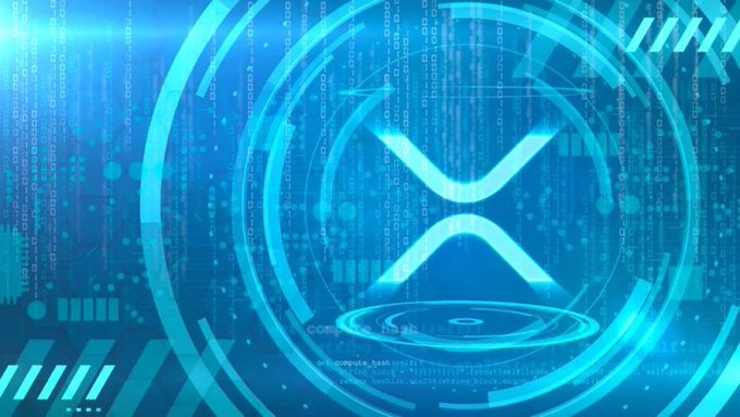 Blue-themed digital artwork featuring the XRP cryptocurrency logo overlaid on a technological background with falling binary code and circular elements.