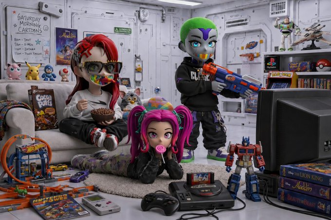 Three stylized avatars—one with red hair eating Cocoa Puffs, one with green hair holding a Nerf blaster, and a pink-haired character with a lollipop—enjoy a retro Saturday morning in a toy-filled room featuring Aladdin VHS tapes, a Sega Genesis console, and a "Saturday Morning Cartoons" schedule, perfectly capturing the nostalgic gaming vibe of the RTFKT CloneX community.