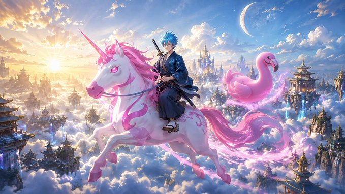An anime-style illustration depicts a blue-haired samurai riding a pink unicorn through a sky filled with clouds, floating castles, and a flamingo-like pink bird, with a crescent moon in the background.