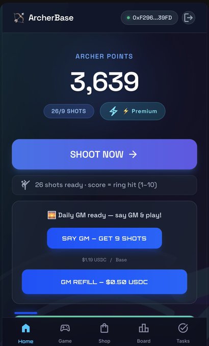 Archerbase app dashboard showing 3,639 Archer Points with 26/9 shots and a Premium badge, featuring a "SHOOT NOW" button and options to "SAY GM - GET 9 SHOTS" for $1.19 USDC or "GM REFILL - $0.50 USDC." The image complements the post by showcasing the game's interface where users can earn points to qualify for the Season 1 leaderboard airdrop.