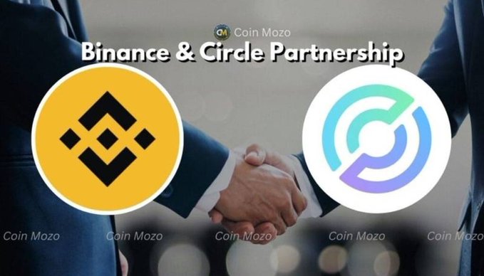 A 'Coin Mozo' graphic announcing a 'Binance & Circle Partnership,' featuring the Binance and Circle logos over a handshake background.