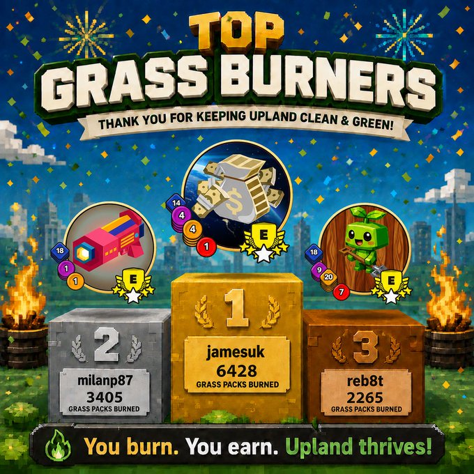 A "Top Grass Burners" leaderboard celebrates the top three participants of a successful grass burn event, with jamesuk leading at 6,428 grass packs burned, followed by milanp87 with 3,405, and reb8t with 2,265. The image features the slogan "You burn. You earn. Upland thrives!" and relates to the post announcing the event's conclusion and upcoming reward distribution.