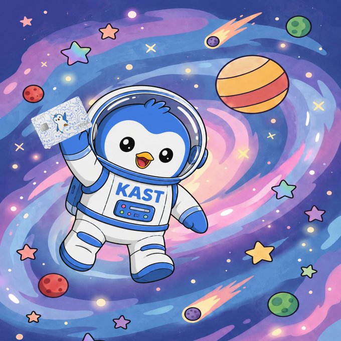 Cute cartoon illustration of a penguin mascot in a spacesuit holding a PlayStation cartridge, set against a colorful space background with planets and stars, with 'KAST' written on its suit.