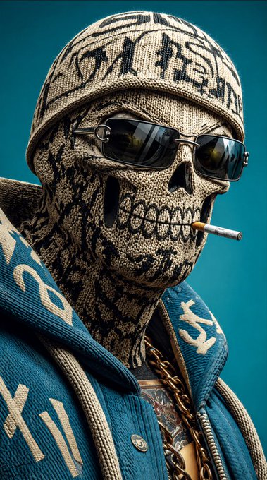 A stylized digital illustration of a skull with a textured, fabric-like surface wearing dark sunglasses, a patterned beanie, and a blue hooded garment with lettering, holding a cigarette in its teeth against a teal background.