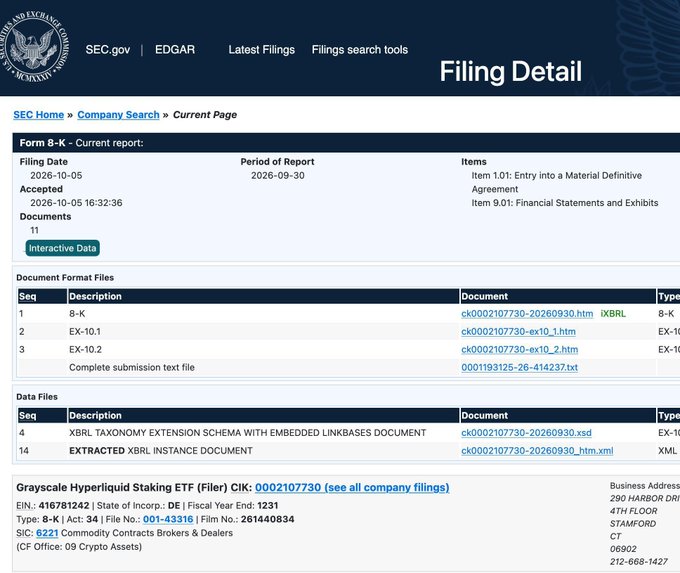 SEC.gov filing detail page showing Grayscale Hyperliquid Staking ETF (CIK: 0002107730, Ticker: HYPE) Form 8-K filed on 2026-10-05 for the period ending 2026-09-30, confirming the recent institutional filing announcement.
