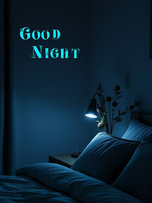 A dimly lit bedroom scene with blue tones featuring a bedside lamp, pillows, and the text 'GOOD NIGHT' glowing in teal.