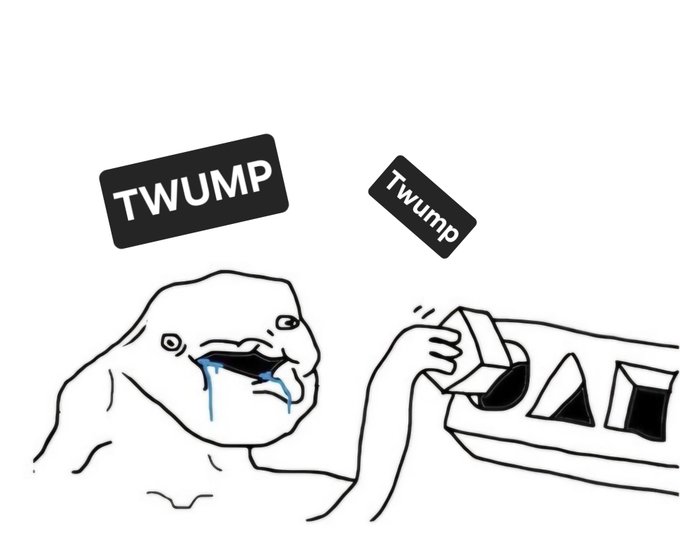 A black-and-white meme of a crying wojak being force-fed a TRX (Tron) pill labeled 'TWUMP' and 'Twump', referencing the Tron ecosystem token.