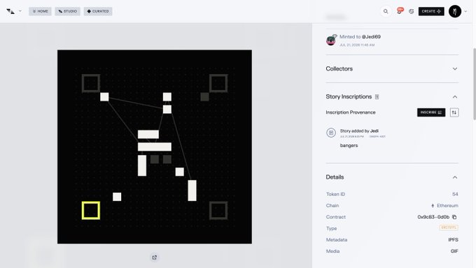 A screenshot of an NFT platform showing a minimalist black and white pixel artwork, with details indicating it is on the Ethereum chain, has an inscription ID of 54, and is minting via IPC-S.