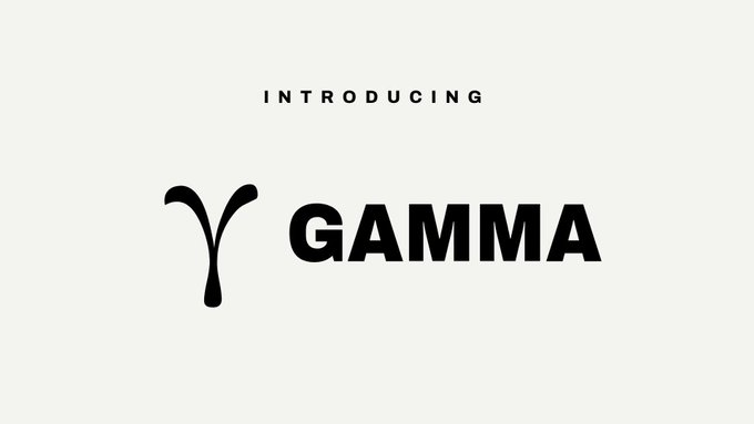A minimalist logo screen with black text on a white background reading 'INTRODUCING GAMMA' next to a stylized gamma symbol.