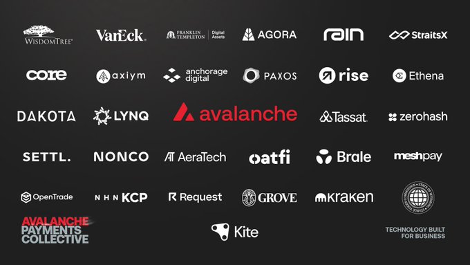A black graphic displaying numerous cryptocurrency and fintech company logos, including WisdomTree, VanEck, Franklin Templeton, Agora, Rain, StraitsX, Avalanche, Tassat, Kraken, and others, with "AVALANCHE PAYMENTS COLLECTIVE" branding.