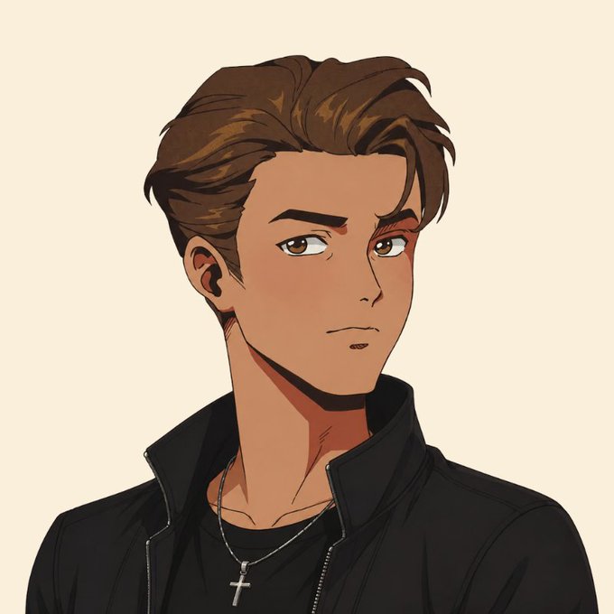 A stylized digital illustration of a young man with brown hair, wearing a black leather jacket and a silver cross necklace, gazing thoughtfully to the side against a cream background - embodying the optimistic, confident "we're all gonna make it" spirit of the crypto mantra.