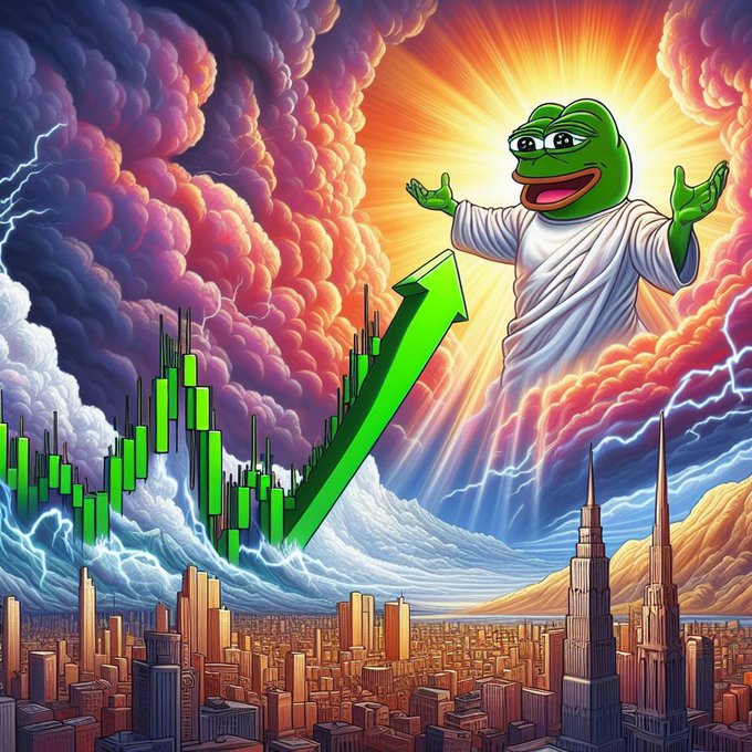 A green Pepe the Frog, depicted in the style of Jesus in a radiant white robe, emerges triumphantly above a stormy cityscape with rising green candlestick charts and a soaring upward arrow. The image visually echoes the post's claim that $PEPE can "thrive under any conditions" by symbolizing the meme coin rising above market turbulence.