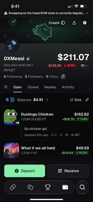 A crypto wallet portfolio screenshot showing user "0xMessi" with a total balance of $211.07 (down 37.5%/$138.96) including holdings like "Duolingo Chicken" at $162.82 (+11.4%) and "What if we all held" at $49.59 (+65.8%), humorously captioned "holy shit what am I doing?!" The post "Entered the trenches as a normie to show anything is possible here" reinforces the casual, self-deprecating tone of a new trader navigating the volatile memecoin market, as evidenced by the significant losses on the main portfolio balance despite some gains on individual holdings.
