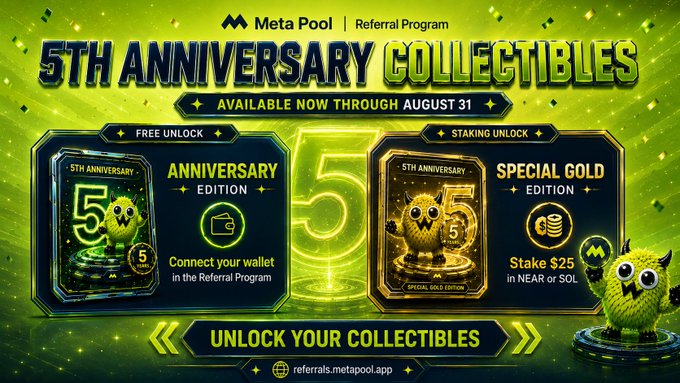 A promotional graphic for Meta Pool's 5th Anniversary Collectibles Referral Program, offering a free Anniversary Edition NFT and a Special Gold Edition through staking.