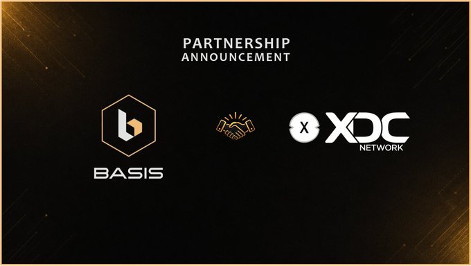 A partnership announcement graphic featuring the BASIS and XDC Network logos alongside a handshake icon, with the text "PARTNERSHIP ANNOUNCEMENT" displayed above on a dark background, visually representing the collaboration between the two projects.
