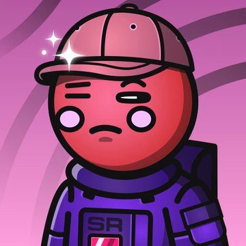 A cartoon-style character with a red face, wearing a gray baseball cap and purple uniform with 'SR' visible on the chest.