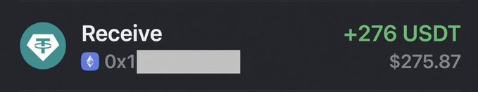 The image shows a crypto wallet "Receive" notification displaying a transfer of +276 USDT (valued at $275.87) to an Ethereum address beginning with "0x1." This visually supports the post's boast about being "paid for waking up on a weekend," as the screenshot serves as proof of overnight crypto earnings that the poster claims everyone in the community received.