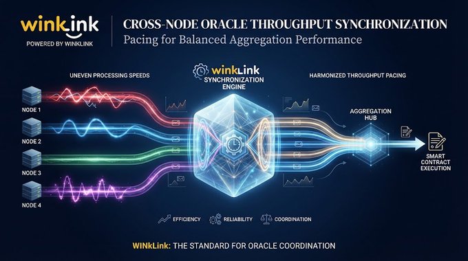 A technical diagram for WinkLink titled 'Cross-Node Oracle Throughput Synchronization,' illustrating how uneven processing speeds from multiple nodes are harmonized through a synchronization engine for smart contract execution.
