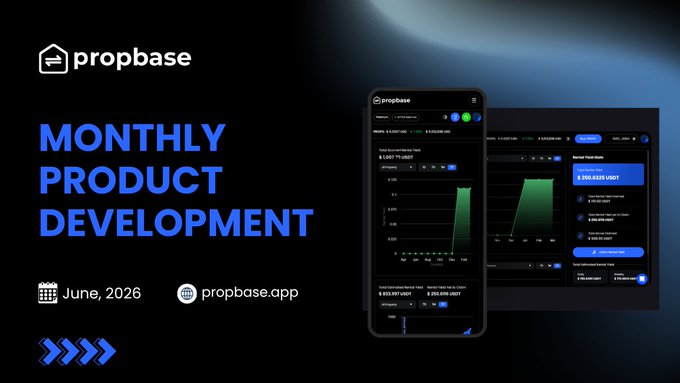 The image is a dark-themed promotional graphic for "Propbase" featuring the bold blue headline "Monthly Product Development" with the date "June, 2026" and the website propbase.app, alongside mockups of the Propbase mobile and desktop app showing real estate investment interface with "5,567,191 USDT" visible on charts. The graphic visually promotes the June 2026 product development update, aligning with the post announcing the release of Propbase's monthly product development summary, which highlights new features like the gas-free swap experience for eligible properties.