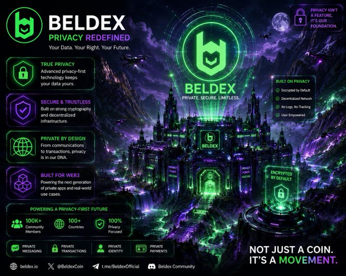 Promotional infographic for 'BELDEX' cryptocurrency with tagline 'PRIVACY REDEFINED - Your Data. Your Right. Your Future' and 'NOT JUST A COIN. IT'S A MOVEMENT.', highlighting features like True Privacy, Secure & Trustless, Private by Design, and Built for Web3, with metrics of 100K+ community members and 100+ countries.