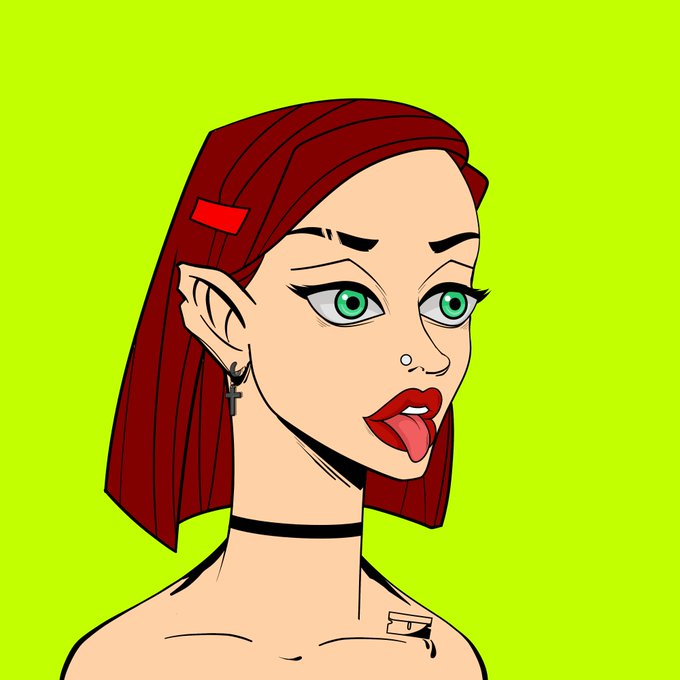A stylized pop-art illustration of a red-haired woman with green eyes, red lips, and a choker sticks her tongue out against a bright green background, embodying the Warhol-esque, European high-fashion aesthetic described in the post, where the artist behind these vibrant, sharp-lined PFPs remains unknown.